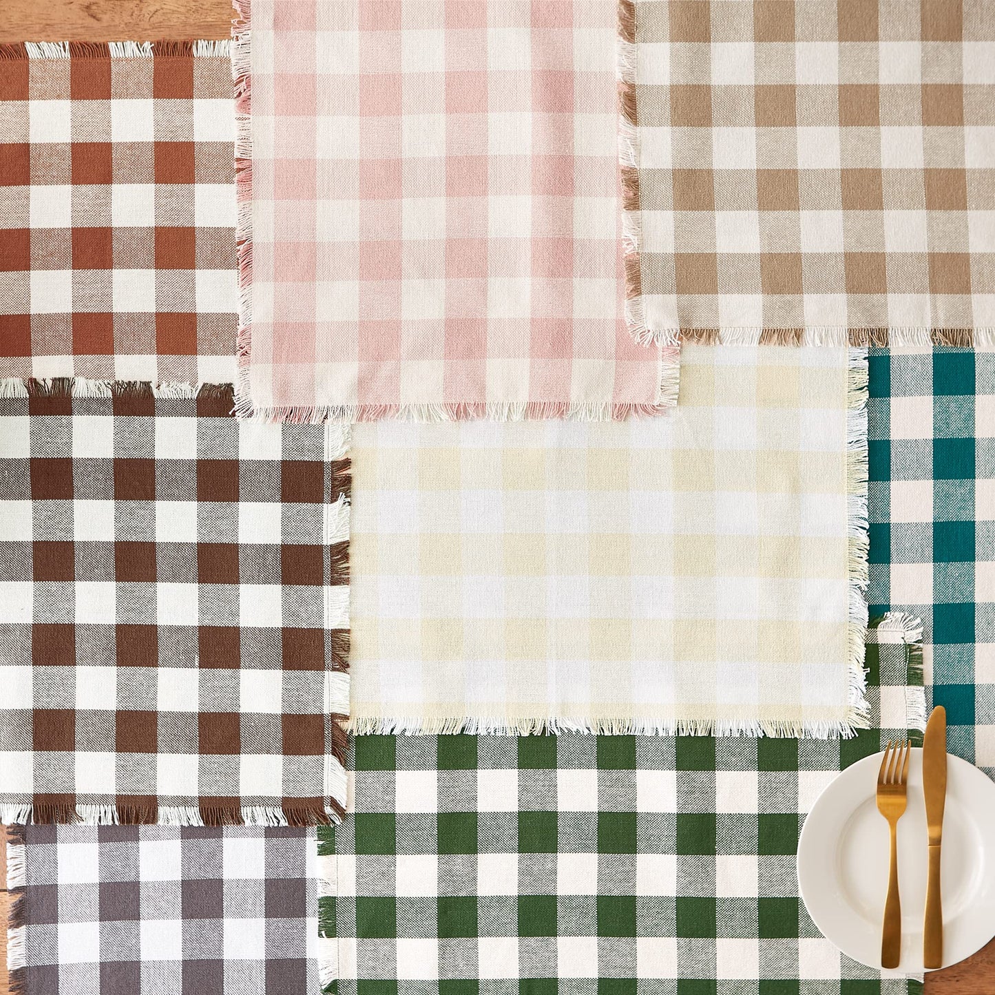 DII Heavyweight Fringed Check Tabletop Collection, Placemat Set, 13x19, Natural, 6 Count