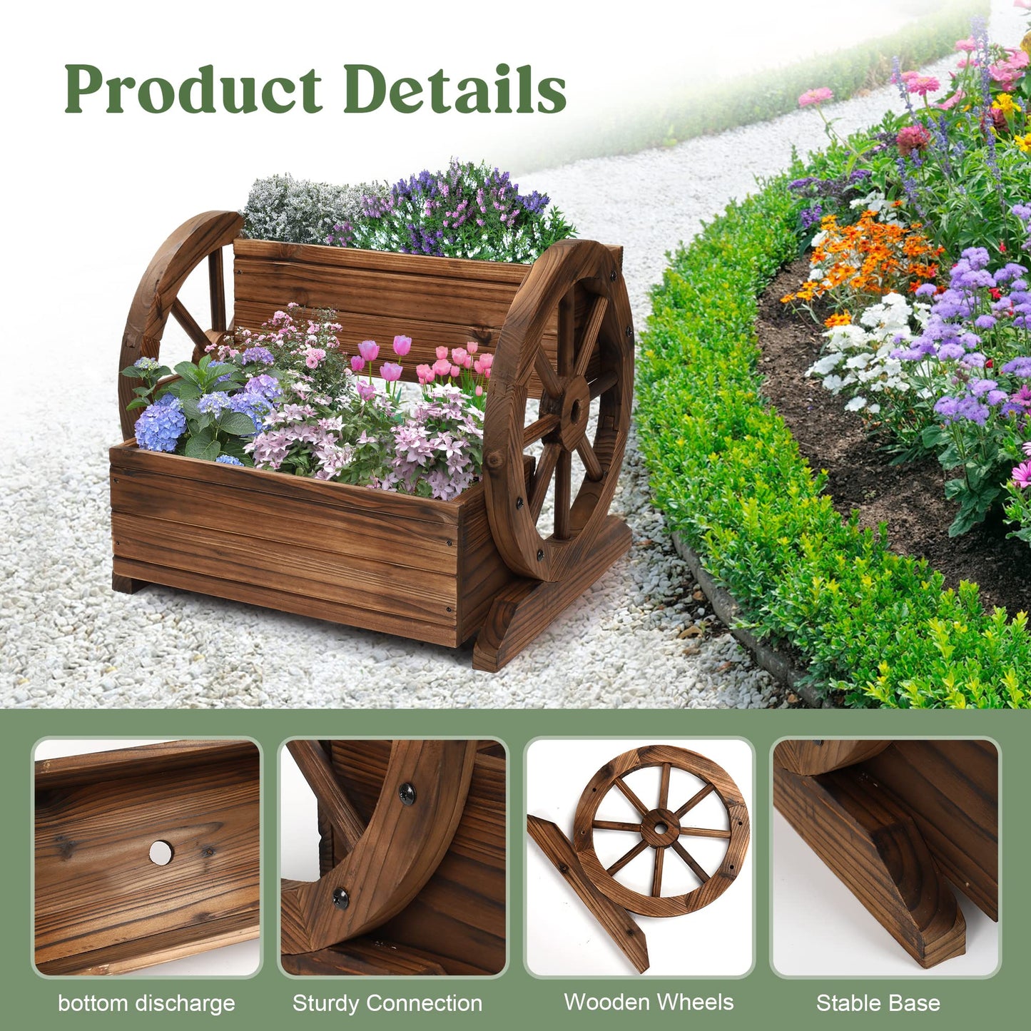 OIPRTGFJ Wooden Wagon Planter Box Garden Planter with Wheels (2-Tier Planter Box-2PCS)