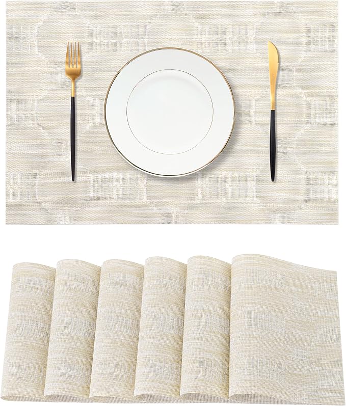 Leetaltree Wheat Placemats Set of 6 - Heat Resistant Non-Slip Place mats for Dining Table, Washable Durable PVC Vinyl Woven Table Mats（Wheat, 6）