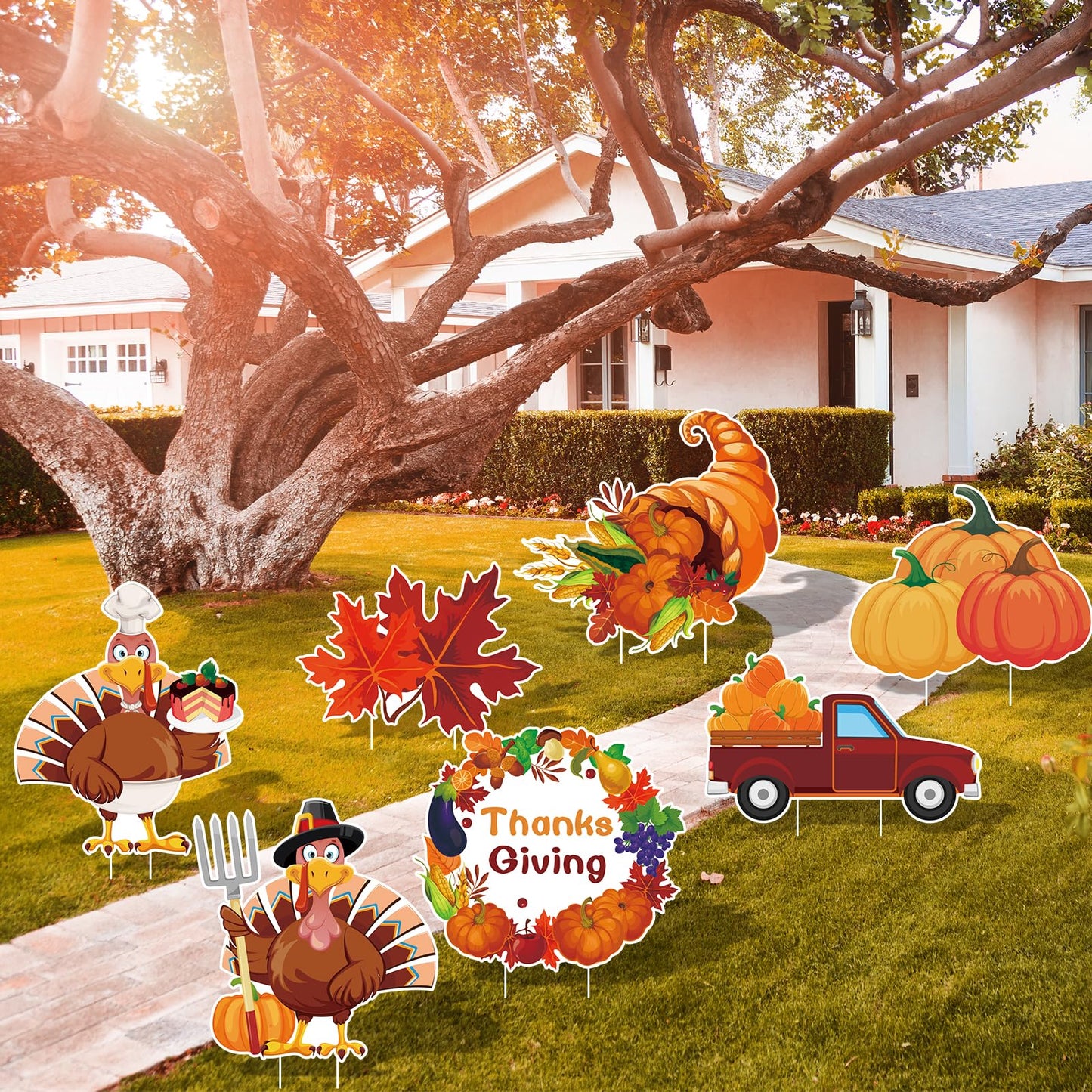 Arosche Thanksgiving Yard Signs 7pcs with Stakes Happy Thanksgiving Decorations Outdoor Turkey Pumpkin Leaf Harvest Garden Wall Porch Signs Seasonal Holiday Party Supplies Lawn Yard Decorations