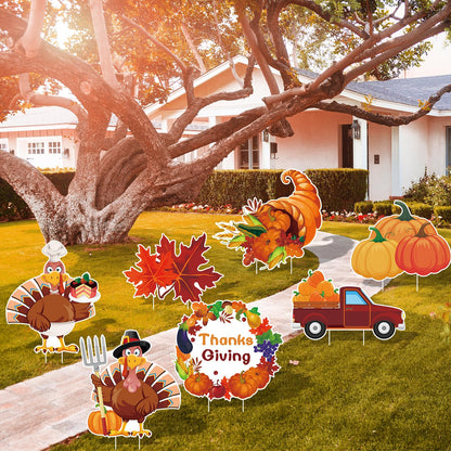 Arosche Thanksgiving Yard Signs 7pcs with Stakes Happy Thanksgiving Decorations Outdoor Turkey Pumpkin Leaf Harvest Garden Wall Porch Signs Seasonal Holiday Party Supplies Lawn Yard Decorations