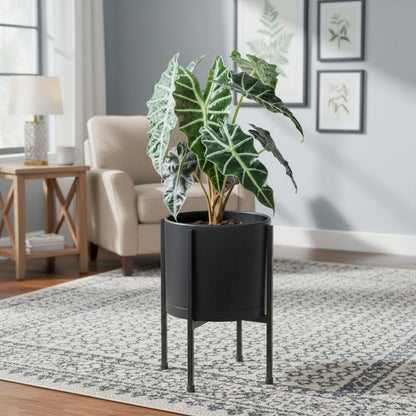 D'vine Dev 8 Inch Black Planter Pot with Stand – Modern Plastic Cylinder Flower Pot with Heavy-Duty Metal Stand for Indoor Plants, 55-D-B-1