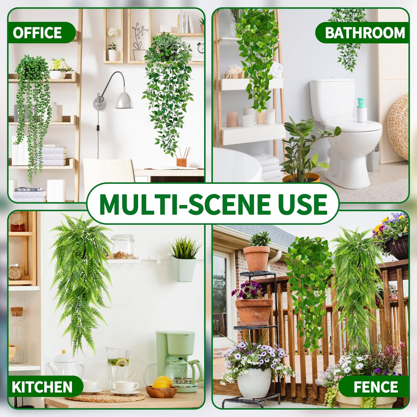 Palonu Artificial Hanging Plants for Shelf, 4 Pack Fake Potted Greenery Plant Faux Mandala Vine, String of Pearls, Ivy Vine,Persian Grass Fern in Pot for Desk Home Bathroom Farmhouse Room Table Decor