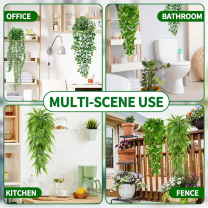 Palonu Artificial Hanging Plants for Shelf, 4 Pack Fake Potted Greenery Plant Faux Mandala Vine, String of Pearls, Ivy Vine,Persian Grass Fern in Pot for Desk Home Bathroom Farmhouse Room Table Decor