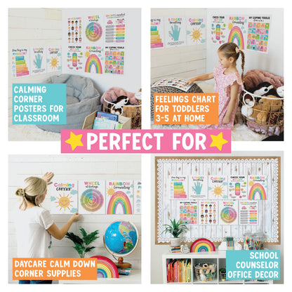 Hadley Designs 9 Calming Corner Posters for Classroom Must Haves - Calm Down Corner Supplies with Emotions Chart, School Counselor Mental Health Poster, Feelings Chart For Kids, Pastel Classroom Decor