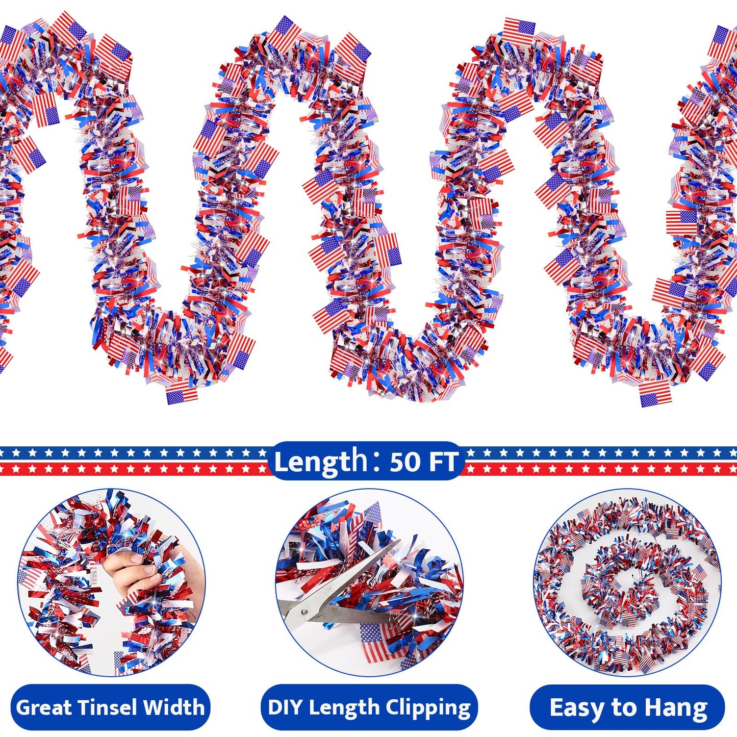 50 FT 4th of July Tinsel Garland, Red White and Blue Patriotic Flags Garland for Home Party Holiday Celebration for 250th Anniversary Memorial Day Independence Day 4th of July Decorations
