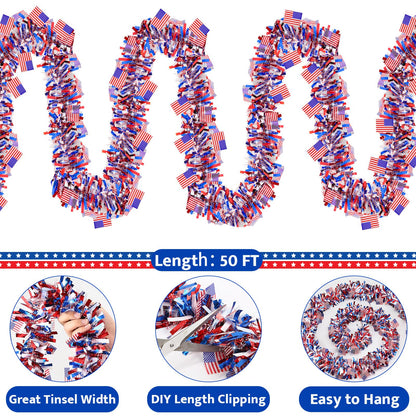50 FT 4th of July Tinsel Garland, Red White and Blue Patriotic Flags Garland for Home Party Holiday Celebration for 250th Anniversary Memorial Day Independence Day 4th of July Decorations