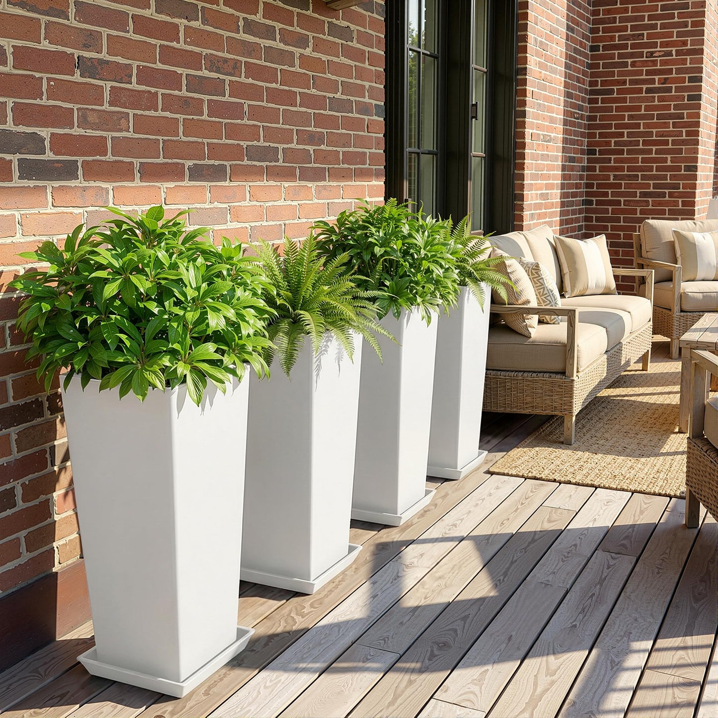 PolarcoForgeco 24" Tall White Planters for Outdoor Plants Set of 2, Large Flower Pots Planters with Drainage Holes & Tray, Modern Indoor Tapered Tall Planter for Front Porch