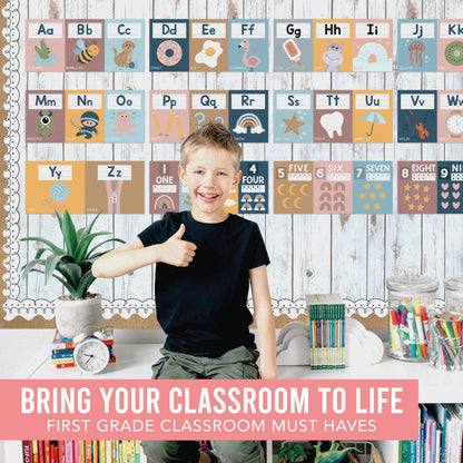 Hadley Designs Alphabet for Classroom Wall Decor - ABC Posters for Classroom Wall Chart Preschool & Kindergarten, ABC Letters & Number Line Elementary, Alphabet Cards, Boho Classroom Decor