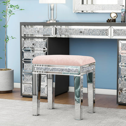 blingworld Mirrored Vanity Stool with Crushed Diamond Inlay Velvet Cushion 19.7'' Tall Stylish Makeup Chair for Bedroom, Vanity Chair, Ottoman for Living Room