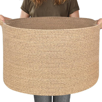 MEGASKET 115L Wicker Storage Basket, 23.6"x15.7" Woven Cotton Rope Basket, Giant Kids Dog Toy Bin Organizer, XXXL Blanket Pillow Holder for Living Room, Brown Variegated Wicker Baskets for Organizing