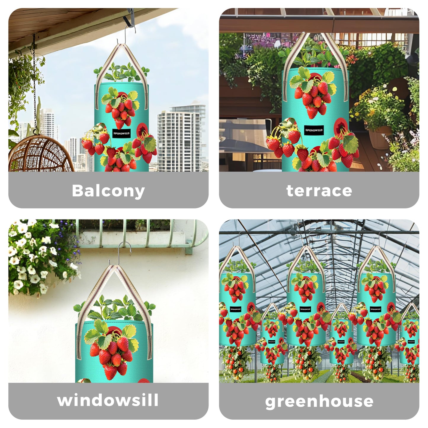 SPONDWILD 3 Pack 3 Gallon Hanging Strawberry Planter Bags, 12 Holes PE Grow Bags with Bottom Drainage, Reusable Vertical Planters for Small Space Gardening(Green)