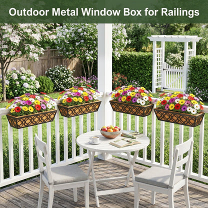 LAWYAMAI 24 Inch Railing Planter Box with Coco Liner, Adjustable Metal Hanging Planter, Window Box for Balcony Deck Fence, Outdoor Flower Box Black, 4 Pack