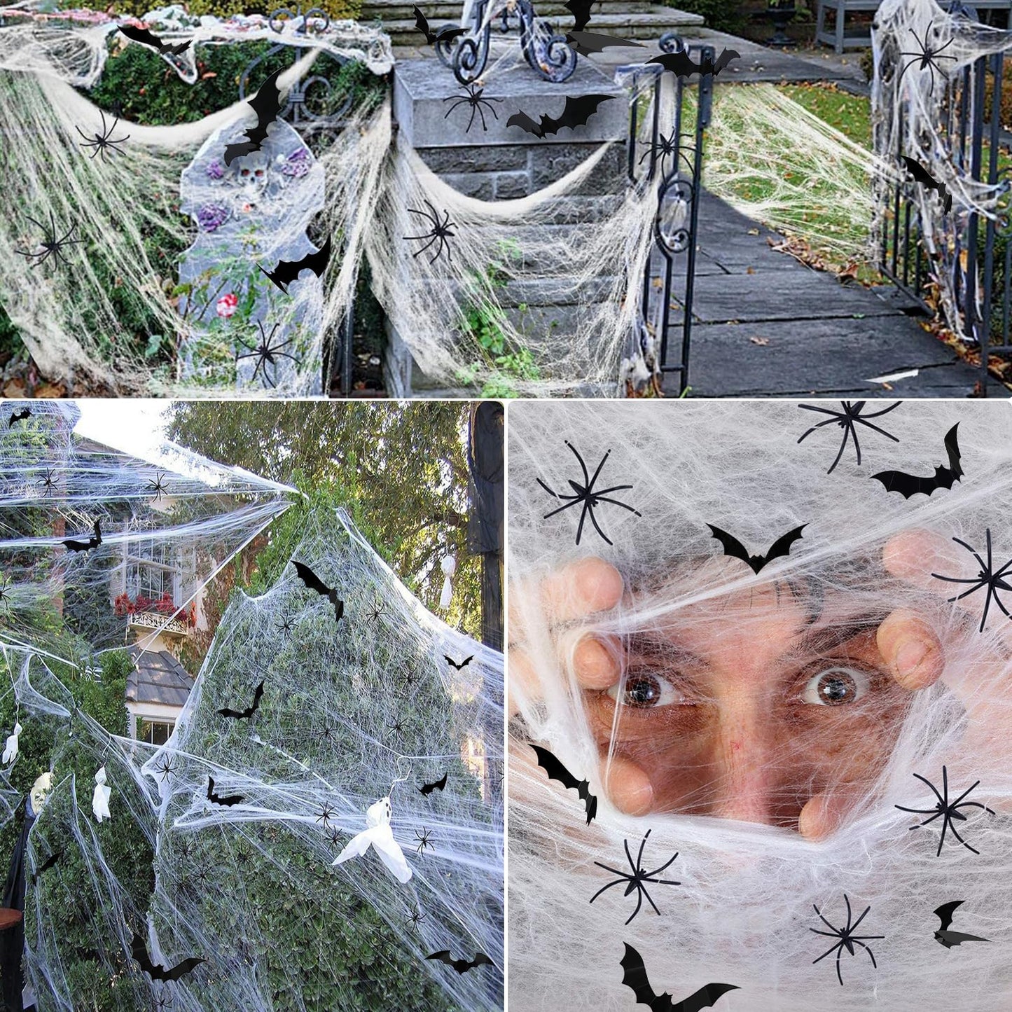 Halloween Decoration Outdoor, 1600sqft Spider Webs Halloween Party Decorations with 100Pcs Fake Spiders and 60Pcs Bats for Exterieur, Indoor Outdoor Party Supplies