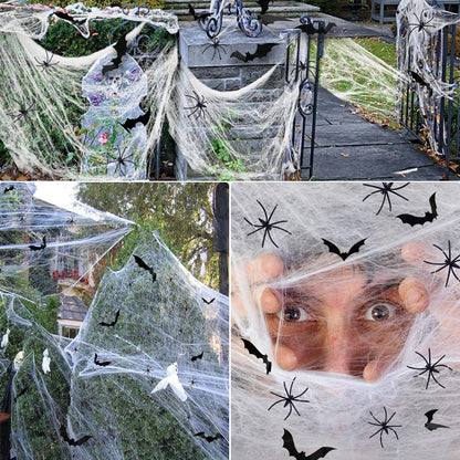Halloween Decoration Outdoor, 1600sqft Spider Webs Halloween Party Decorations with 100Pcs Fake Spiders and 60Pcs Bats for Exterieur, Indoor Outdoor Party Supplies