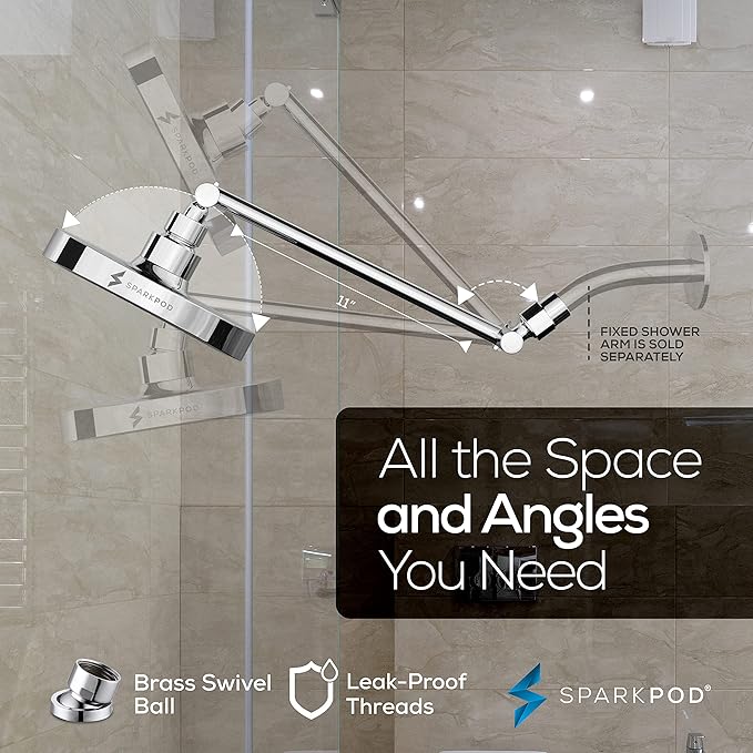 SparkPod 6" Round Rain Shower Head with 11" Shower Arm | Shower Head & Extension Arm Combo, Height Adjustable, High Pressure Performance, Easy 1-Minute Installation, Polished Chrome