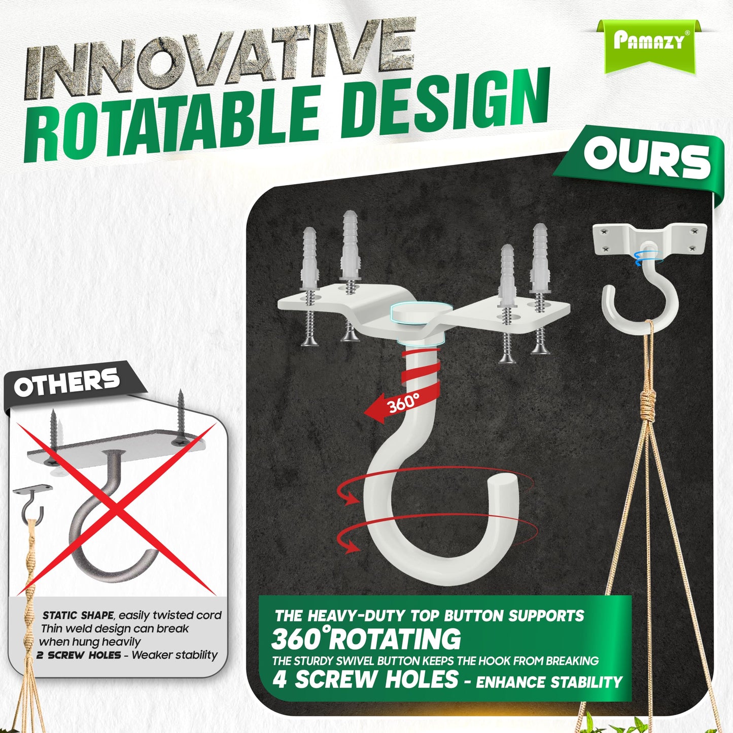 [UPGRADED] 200LBS 4Pcs Rotatable Ceiling Hooks with 4 Screw Points Plate Base, White Wall Mount Metal Hanger for Hanging Plants, Bird Feeders, Lanterns, Lights, Wind Chimes, Indoor Outdoor Decor