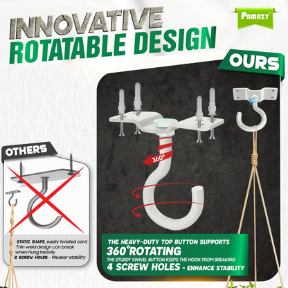 [UPGRADED] 200LBS 4Pcs Rotatable Ceiling Hooks with 4 Screw Points Plate Base, White Wall Mount Metal Hanger for Hanging Plants, Bird Feeders, Lanterns, Lights, Wind Chimes, Indoor Outdoor Decor