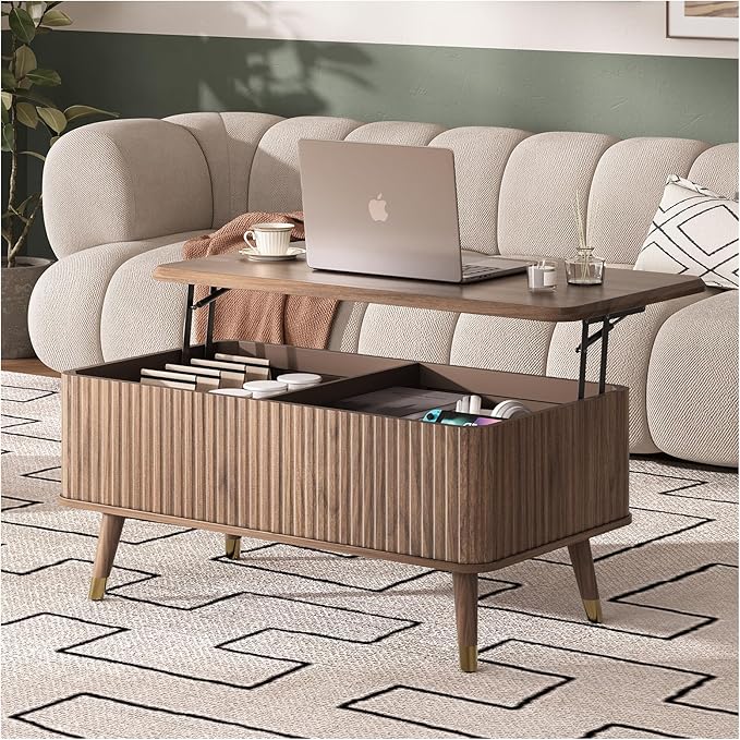 Lift Top Coffee Table with Storage, Mid Century Modern Coffee Table with Solid Wood Legs, 38" Minimalist Fluted Center Table for Living Room, Home Office, Walnut