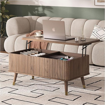 Lift Top Coffee Table with Storage, Mid Century Modern Coffee Table with Solid Wood Legs, 38" Minimalist Fluted Center Table for Living Room, Home Office, Walnut