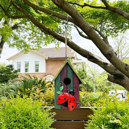 Wood Bird Houses for Outside, Hanging Bluebird House Nest Box Garden Patio Outdoor Decorative Bird Houses Vintage Rustic Wooden Birdhouse Bird Box Home for Finch Wren Chickadee Cardinals (Ladybug)