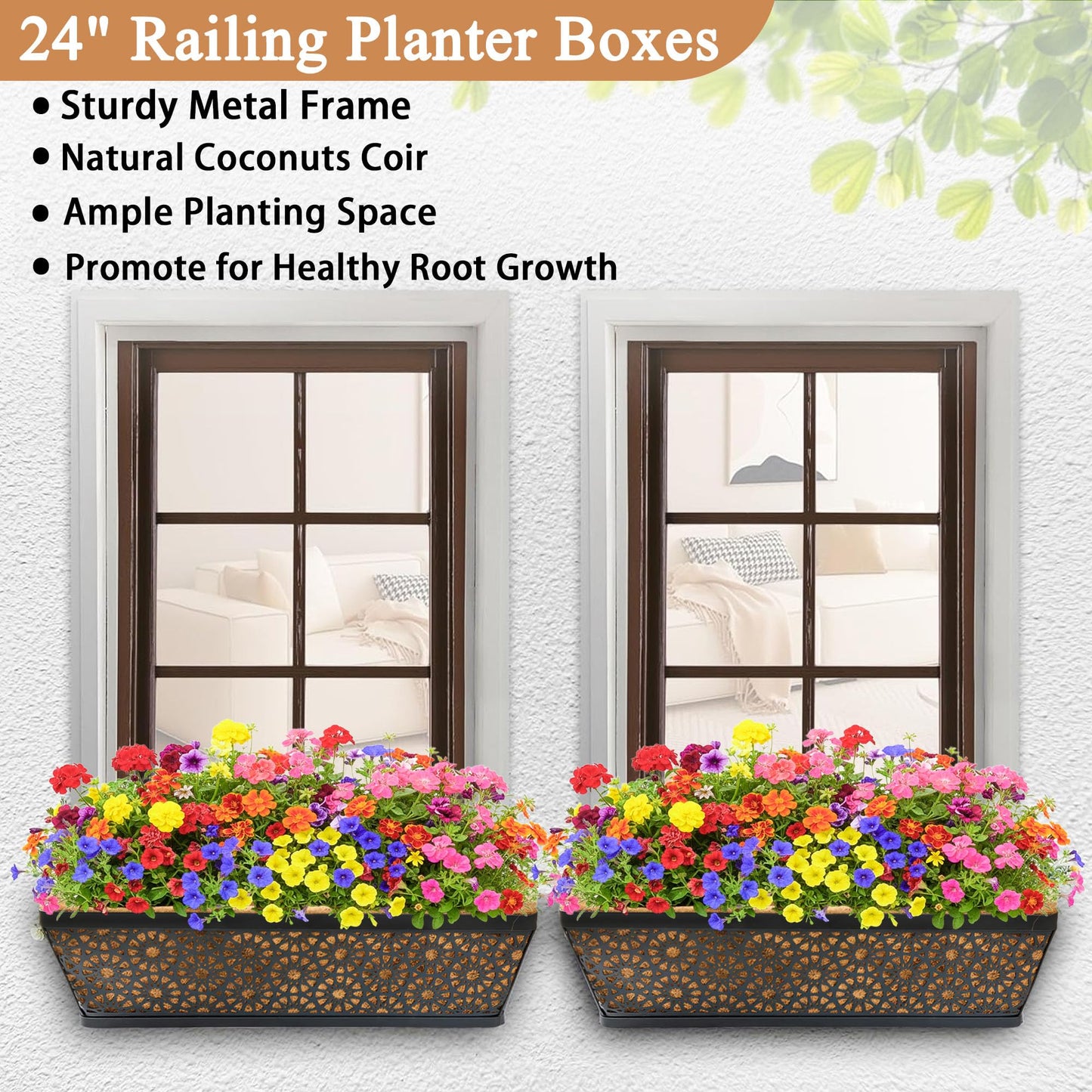 XXFBJNMD 2 Pack 24 Inch Window Boxes Planters with Coco Coir Liner Metal Hanging Flower Planter Window Basket Deck Railing Planter Boxes for Outdoor Indoor Lawn