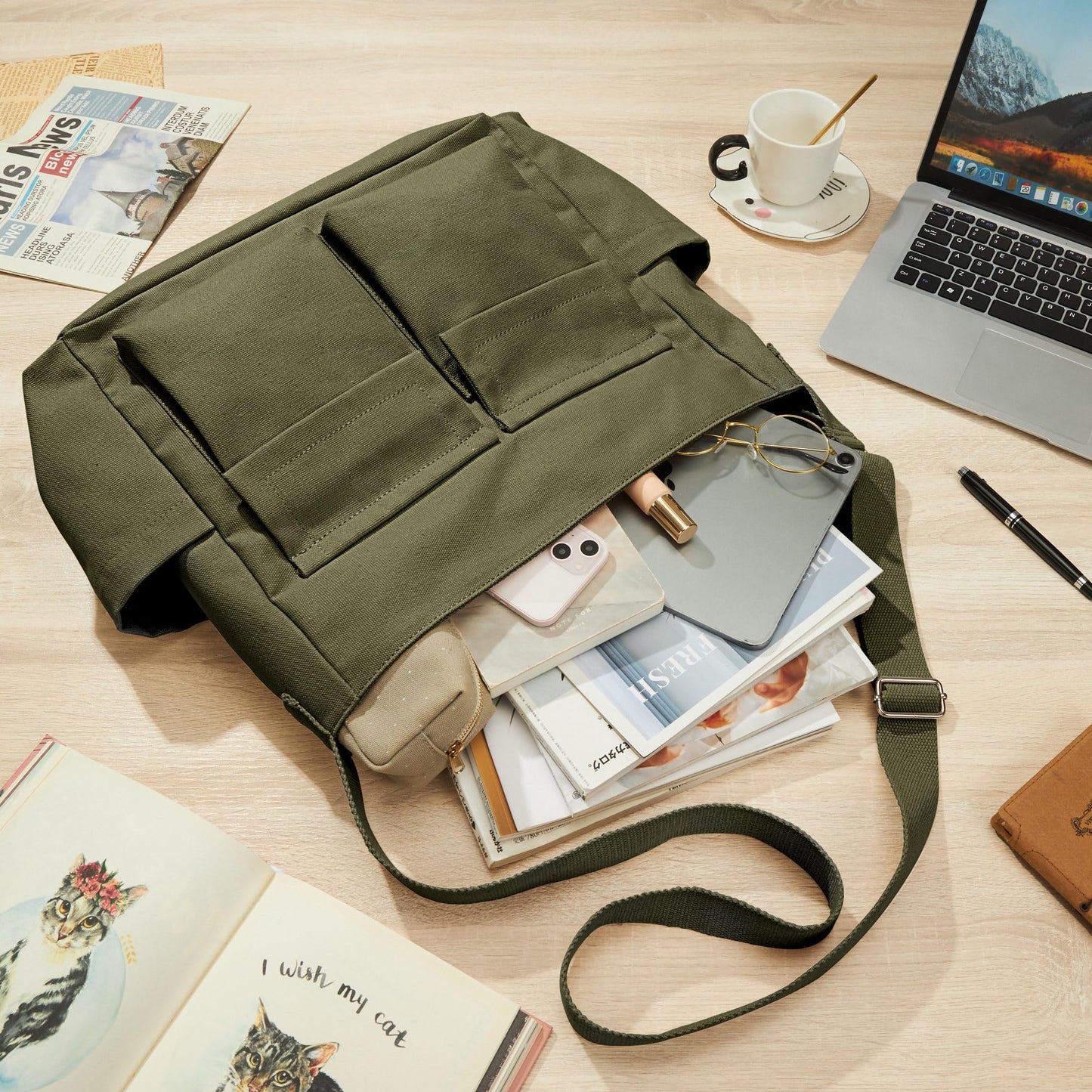 KALIDI Canvas Tote Messenger Bag with Pockets, Large Crossbody Bags for Women or Men, Casual Canvas Shoulder Bag for College Work Travel Daily, Army Green