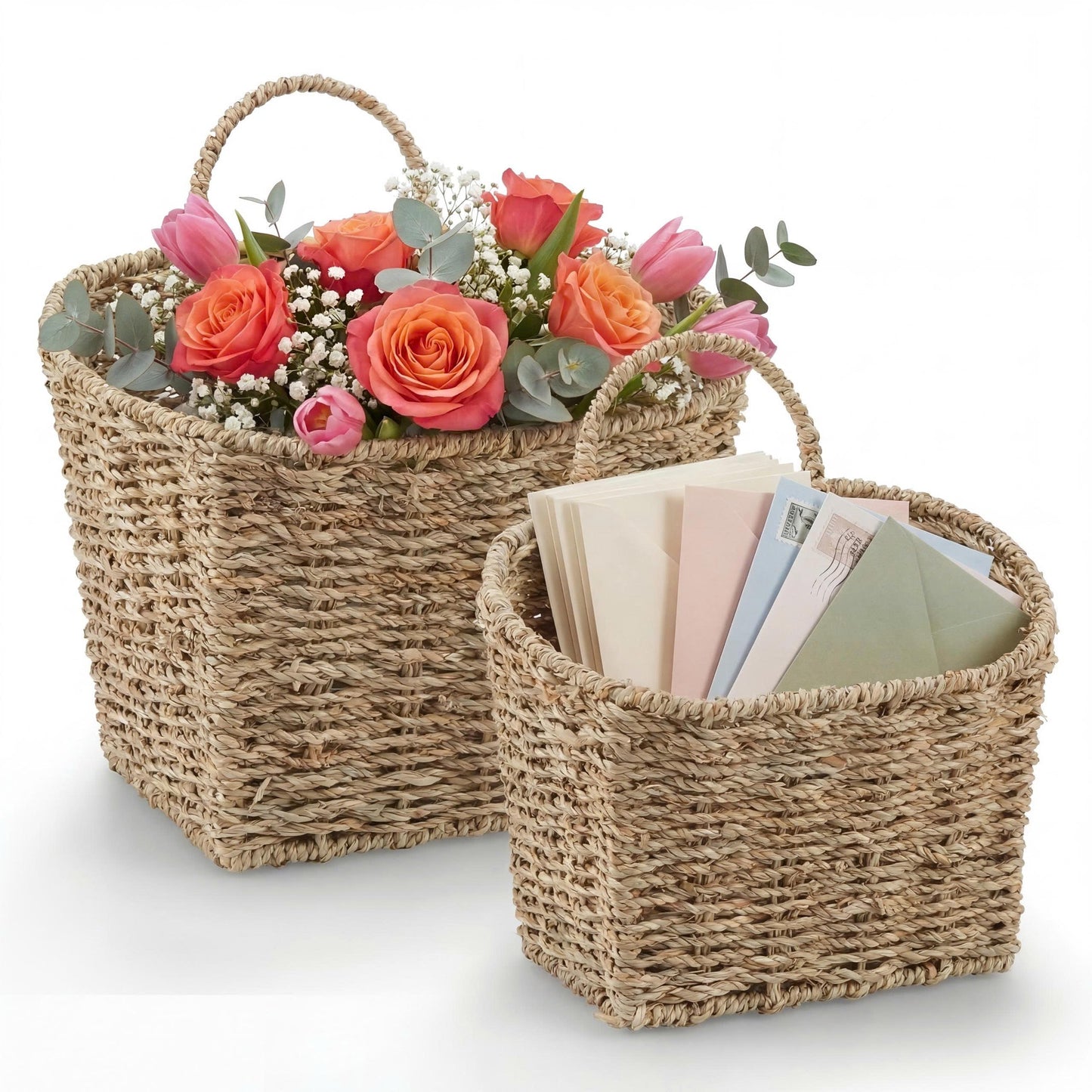 Set of 2 Wicker Hanging Basket for Organizing, Front Door, Mail, Flowers - Woven Wall Baskets for Storage (Seagrass)