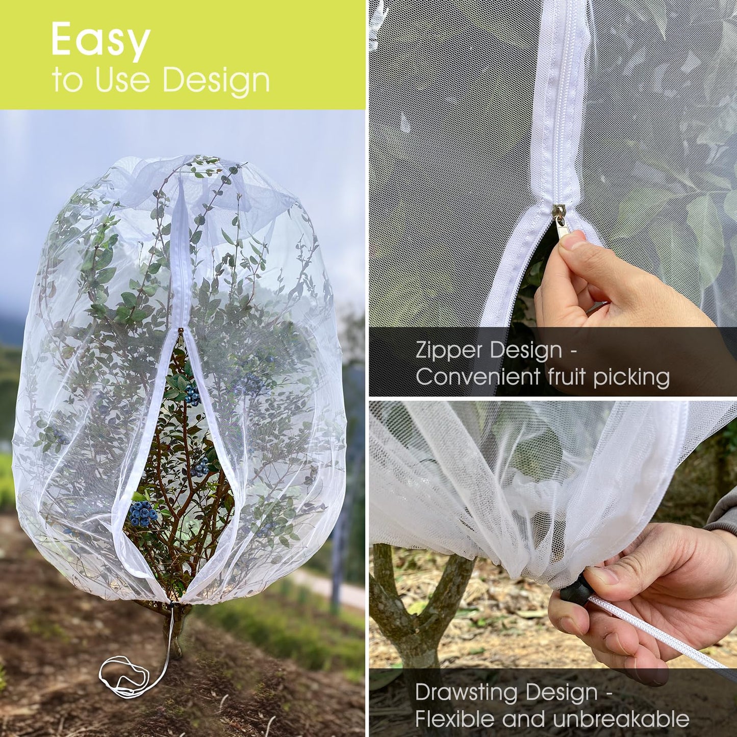 Fruit Tree Netting, RIFNY 3.3 x 2.6 FT Blueberry Bush Netting Cover with Zipper Drawstring, Outdoor Mosquito Net Garden Netting Cover Protector Plant from Birds Cicadas Animals Insect (2 PCS, White)