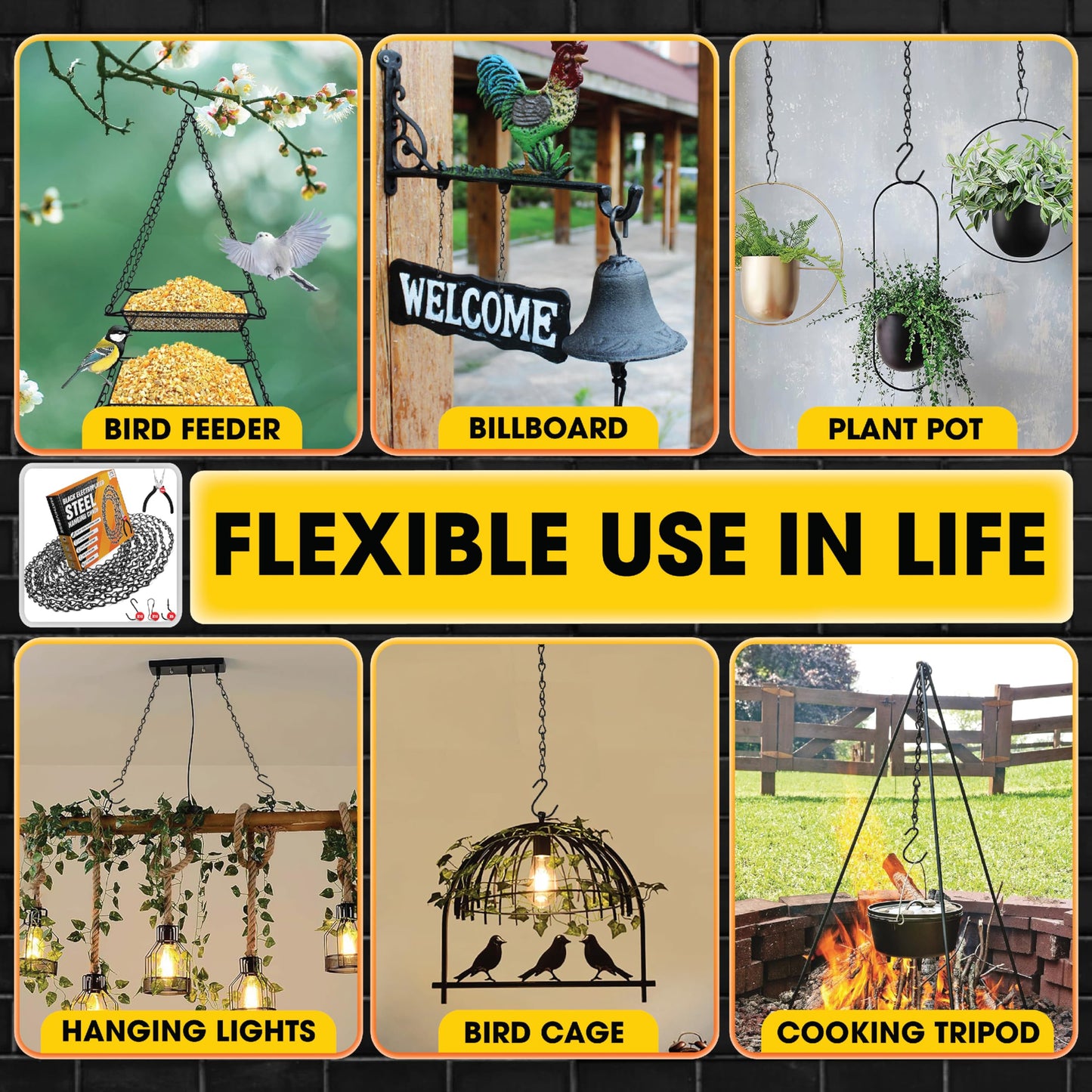 [Upgraded] 79” Black Electroplated Steel Hanging Chain with S-Hooks, Snap Hooks, Ceiling Hooks & Pliers, 33LBS Load Capacity, Adjustable Length for Hanging Bird Feeders, Planters, Lanterns, Billboards