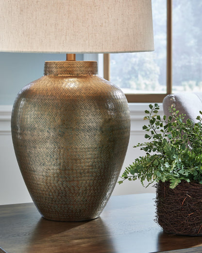 Signature Design by Ashley Madney Contemporary Aluminum Table Lamp with 3-Way Switch, Metallic & Beige
