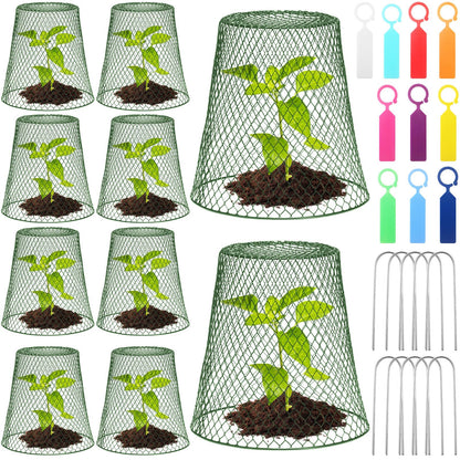 Geosar 10 Pcs 9 Inch Chicken Wire Cloche Plant Protector Cover Metal Garden Cloche Netting Protection Cages Vegetables Flowers with Garden Stakes Avoiding Chicken Rabbit Squirrels Birds (Green)