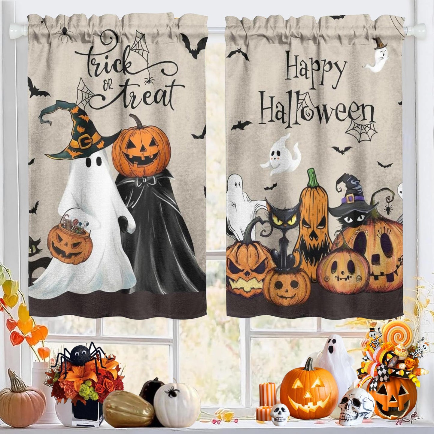 Miffrank Halloween Kitchen Curtains and Valance Set of 3, Ghost Pumpkin Kitchen Window Tier Curtains Farmhouse Window Valances Rod Pocket Panels for Halloween Home Decor