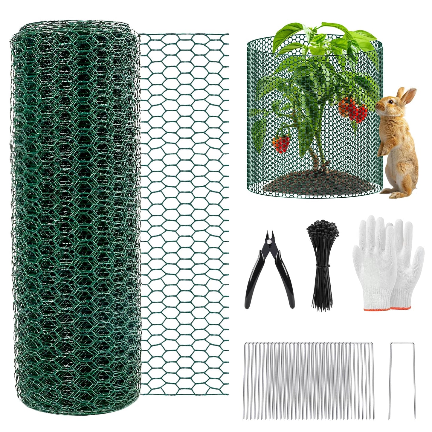 40Ft x 16In Plant Protectors from Animals, Plant Cages for Outdoor Plants, Free-Cut Wire Plant Protector, Plant Cover Chicken Wire Fencing with Ground Stakes & Ties to Keeping Bunny Animals Out