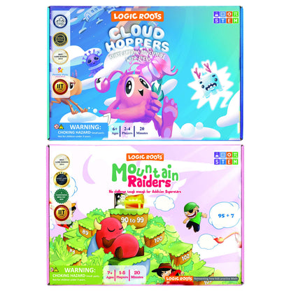 Logic Roots Addition and Subtraction Game - Fun Math Board Game for 6-8 Year Olds, Easy to Play Educational Game for Kids at Home, STEM Toy Gift for Girls & Boys (Cloud Hoppers + Moutain Raiders)