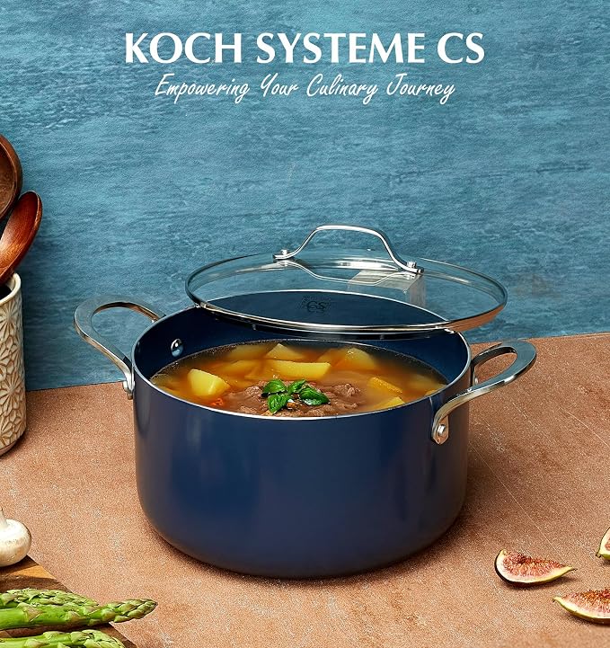 KOCH SYSTEME CS 6 Quart Nonstick Stock Pot with Lid, 6 QT Nonstick Ceramic Stockpot with Stay-Cool Handles, Induction Cooking Pot for Soups, Casserole, Soup Pot, Even Heating, Oven Safe, Gradient Blue