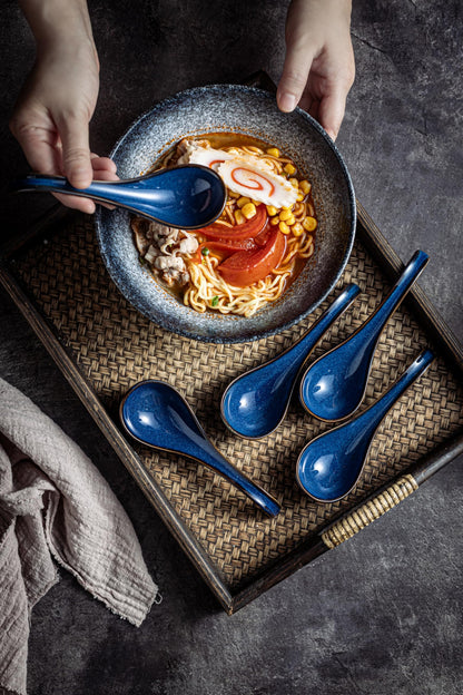 LYEOBOH Soup Spoons set of 6, Chinese Deep Soup Spoon - 6.5 inch Ceramic Korean Tablespoons for Ramen, Rice, Noodle, Asian Spoons with Deep Hook Design, Vintage Blue
