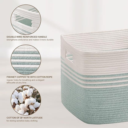 100L Extra Large Laundry Basket for Living Room Storage,Woven Rope Baskets for Blanket,Kids Toy,Gifts,Wicker Hamper for Bedroom Dirty Clothes,24"x16"x16" White Green