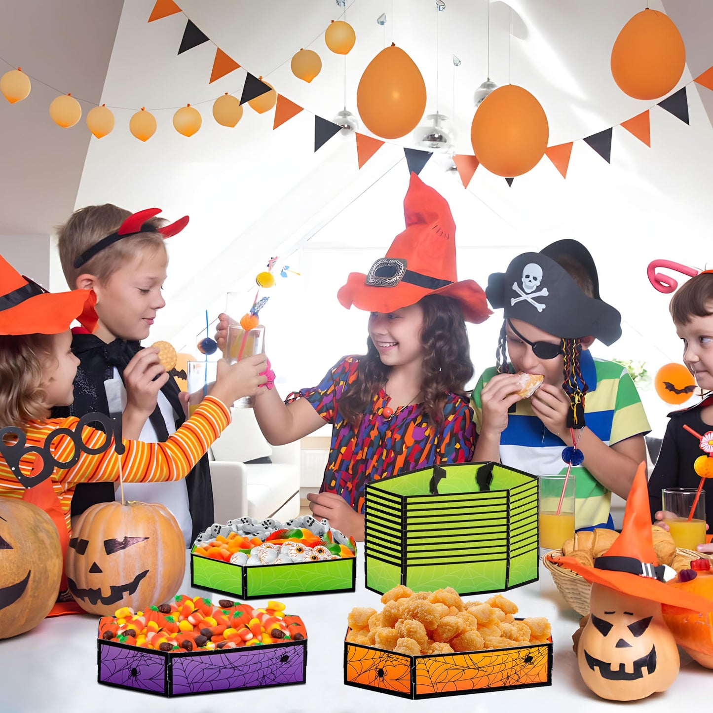 Geefuun 50Pcs Halloween Coffin Serving Food Trays - Vampire Pumpkin Ghost Spider Disposable Snack Paper Dish for Party Decoration Supplies