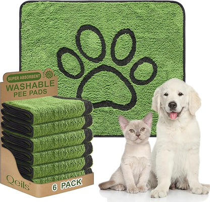 Qeils Reusable Dog Pee Pads, 6 Pack Super Absorbent & Leakproof Washable Puppy Pads with Soft Green Top Layer, for Potty Training, Crates, Couch, Car Seats & Pet Beds, 30"x 34"