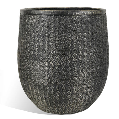Worth 14.5" Round Planter, Lightweight Magnesium Oxide Cement Plant Pot, Raised Pattern Concrete Look with Drainage Hole for Indoor/Outdoor Use, Black