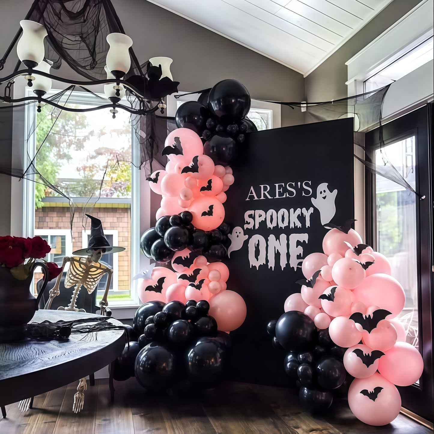 Pink Black White Halloween Balloon Garland Kit,118pcs Pastel Halloween Ghost Striped Foil Balloon Arch with 3D Bats for Girl Kawaii Spooky One Birthday Backdrop Baby Shower Birthday Party Decorations