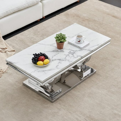 2 Piece Living Room Table Set Include 1 Faux Marble Coffee Table & 1 Console Table, Modern White Silver Coffee Table Set of 2 with Double O Shape Stainless Steel Pedestal Base