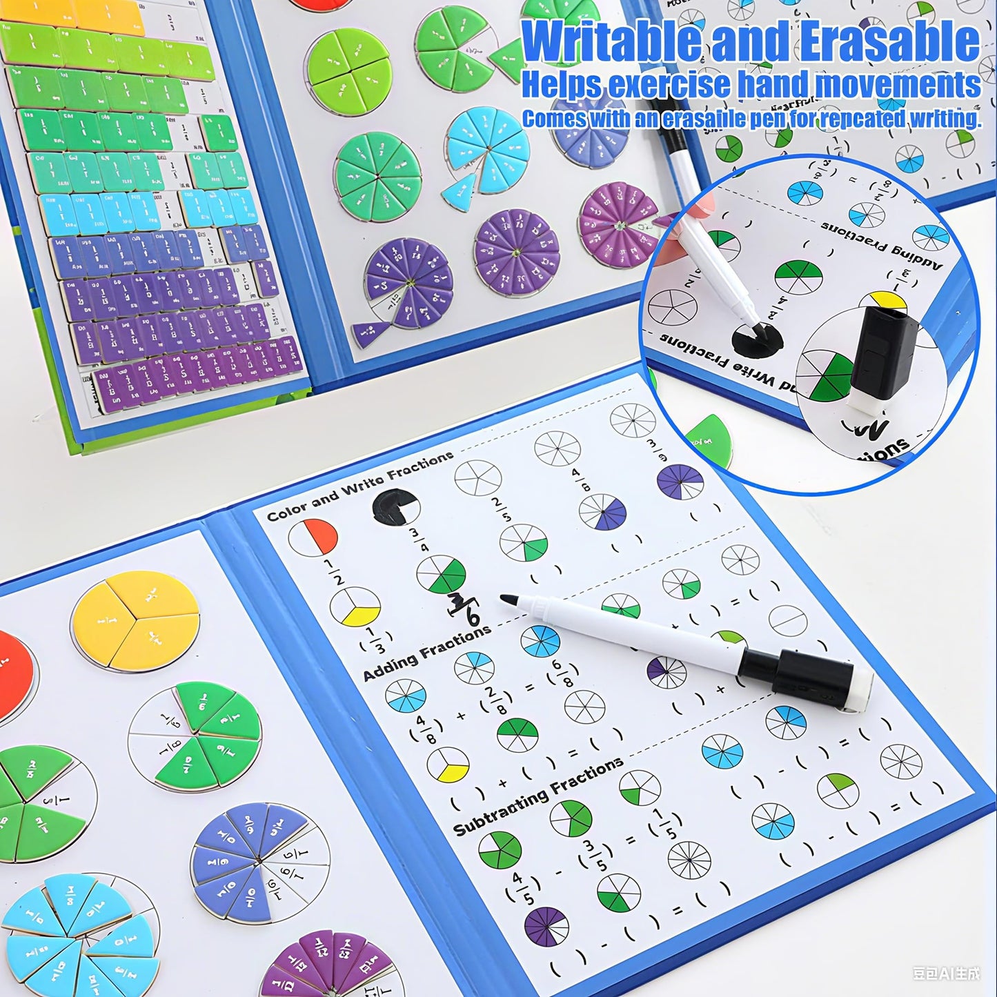 BlivEclat STEM Magnetic Fraction Demonstration Book for Kids with 152 Pcs Math Fraction Magnets Tiles and Disc Set Educational Math Learning Manipulatives Set