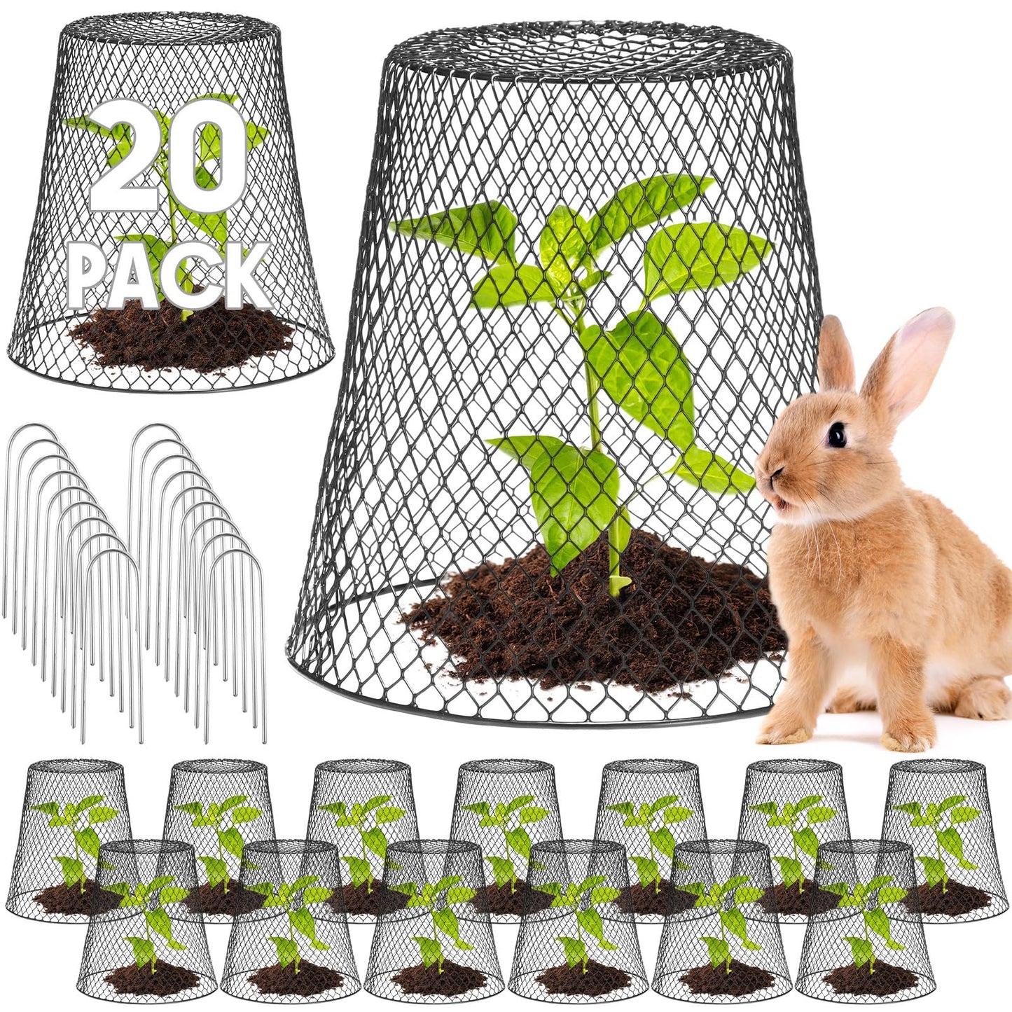 Geosar 20 Pcs 9 Inch Chicken Wire Cloche Plant Protector Cover Metal Garden Cloche Netting Protection Cages Vegetables Flowers with Garden Stakes Avoiding Chicken Rabbit Squirrels Birds (Black)