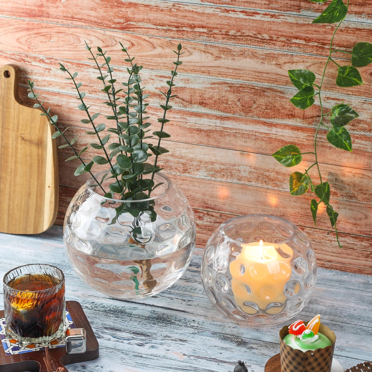 6.3" Dia Handmade Sturdy Dimpled Bubble Glass Vases, Bubble Planter Terrarium, Bud Vase, Fish Bowl Hurricane, Globe Flower Vase, Hurricane Candle Holder (6.3"x5.1", Bowl)