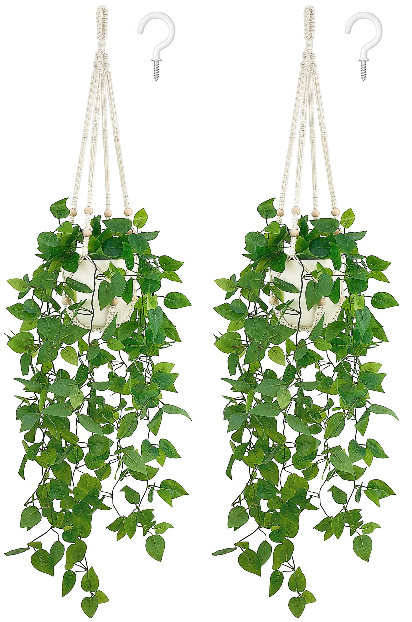 Mkono sSet of 4, 2 Packs Artificial Ivy Macrame Hanging Shelves with Lights, and 2 Packs Fake Hanging Plant with Pot