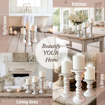 Large Candle Holders for Pillar Candles (3 Piece Set) Tall Rustic Wood Farmhouse Pillar Candlestick Stands - Fits 4 inch inch Wide Pillar Candles - Modern Candle Holder Decor (Antique White)