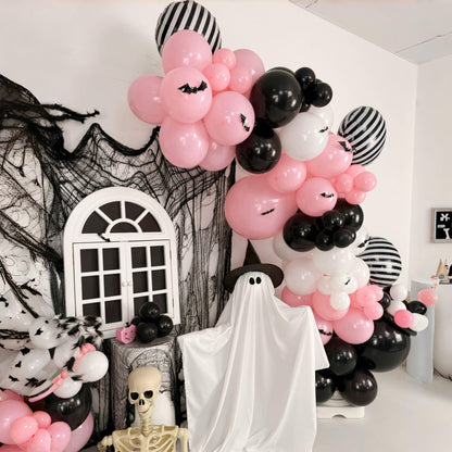 Pink Black White Halloween Balloon Garland Kit,118pcs Pastel Halloween Ghost Striped Foil Balloon Arch with 3D Bats for Girl Kawaii Spooky One Birthday Backdrop Baby Shower Birthday Party Decorations
