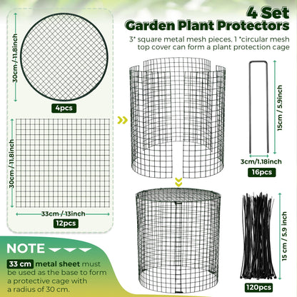 Hiboom 4 Set Garden Plant Protectors from Animals with Stakes, Metal Mesh and Detachable Covers Wire Plant Cage for Keeping Bunny Animals Out, Chicken Wire Cover Garden Protection (12x13)